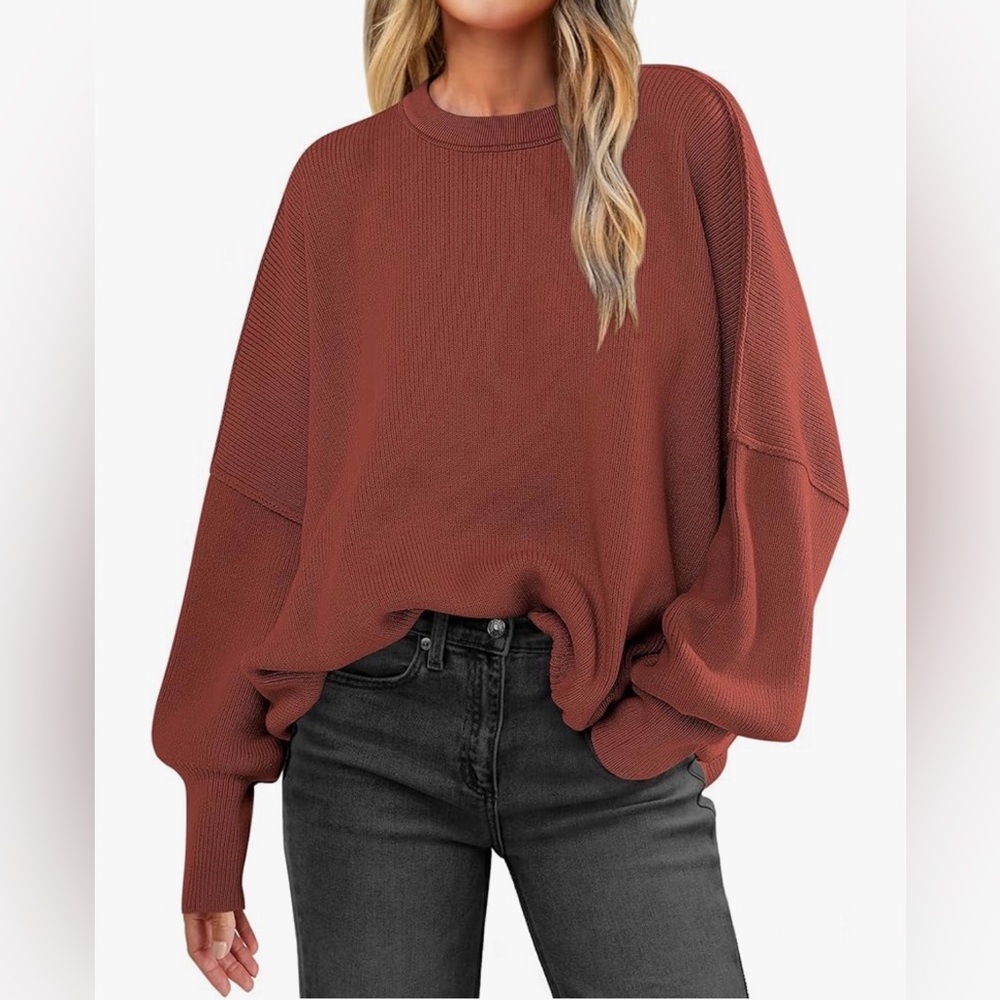 Women's Oversized Batwing Ribbed Knit Sweater in Rust Red - Size L
